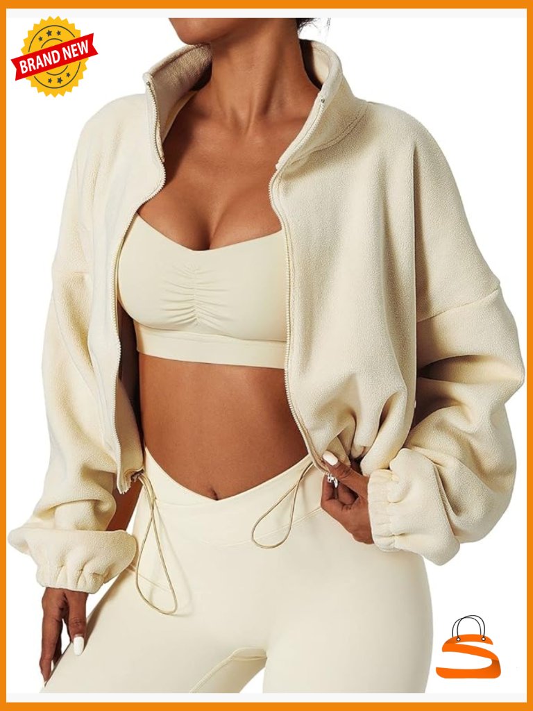 Full Zip Fleece Short Jacket Warm Winter Cropped Coat Long Sleeve Stand Collar